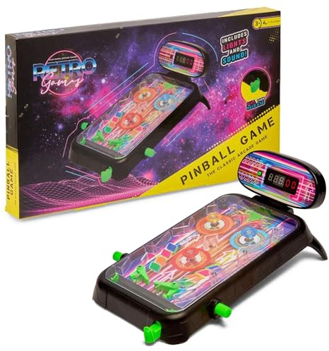 Toy Mania Light & Sounds Mini Table Pinball Machine - Compact Portable Arcade-Style Gaming, Battery-Operated with Fast-Paced Action Table Pinball Game Set for All Ages Family Fun