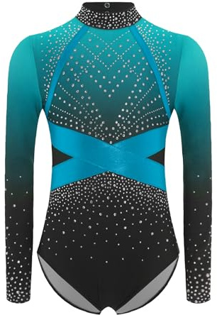 Agoky Justaucorps Gymnastique Manches Longues Enfant Fille Strass Leotard Ballet Moderne Patinage Artistique Costume Spectacle Bleu Ciel 15-16 ans