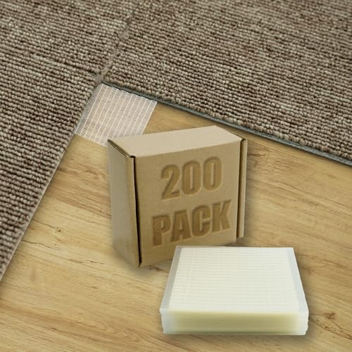 Single Sided 4 x 4 Carpet Tile Adhesive Connectors Carpet Square Adhesives, No Residue Carpet Connector Tape for Hardwood Floors Stair Treads Tile Floors, Floor Protection(200 Pcs)