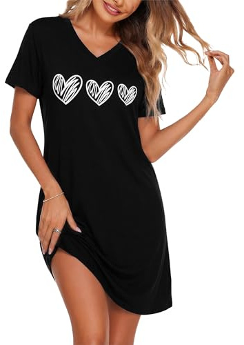 Marvmys Chemise De Nuit Femme en Coton Robe De Nuit à Manches Courtes Nuisette Femmes Grande Taille à Imprimé Cœur S-4XL