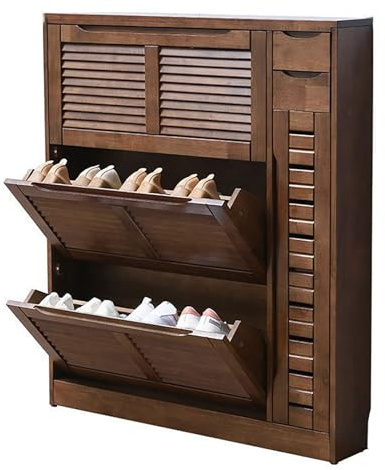 Zapatero de madera maciza de nogal con persianas, elegante zapatero de pasillo, armario de almacenamiento para interiores y exteriores, estante duradero para zapatos de pasillo