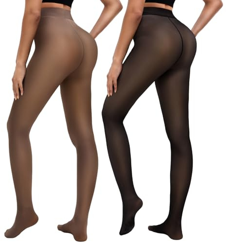 Bebila 2 Pairs Fleece Lined Tights Women Thermal Leggings Sheer Pantyhose Fake Translucent Warm Winter Tight (US, Alpha, X-Small, Regular, Regular, Coffee+black Translucent)