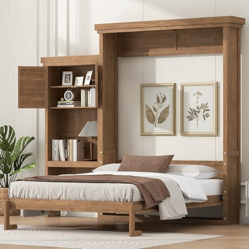 Merax Queen Size Murphy Bed with Storage, Solid Wood Hidden Wall Bed Frame with Cabinets, Farmhouse Murphy Bed Fame, Can Be Folded into a Cabinet, No Box Spring Needed, Wood Color
