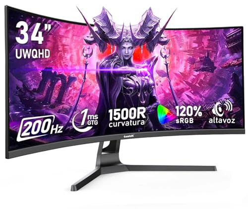 Gawfolk Monitor para Juegos Curvo Ultrawide 34 Pulgadas (200Hz, UWQHD 3440x1440) - 1500R, 120% sRGB, Adaptive Sync, Altavoces Integrados, HDMI/Display Port, Compatible con Montaje en Pared, Negro