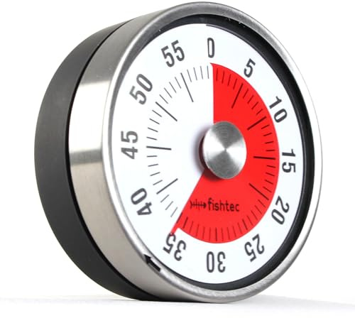 FISHTEC - Minuteur de Cuisine mécanique magnétique - Zone Rouge visuelle diamètre 8 cm Alarme sonore 60 Minutes - Gestion du Temps Cuisine Classe Bureau sans Piles Fixation magnétique