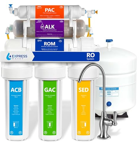 Express Water ROALK10D 10-Stage Alkaline Under Sink Reverse Osmosis Water Filter System, NSF Certified 372, 100 GPD, Reduces 99% of Impurities, BPA Free, Deluxe Chrome Faucet