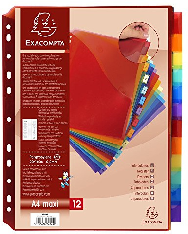 Exacompta - 4844E - Separadores en polipropileno translúcido con 12 pestañas neutras - un bolsillo de esquina y porta etiquetas - Una hoja de etiquetas removibles - Formato para archivo A4 maxi