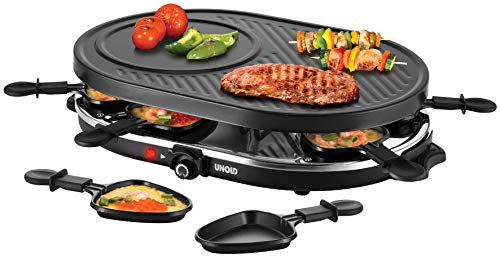 Unold 48795 RACLETTE Gourmet, 1200W, für bis zu 8 Personen, Antihaftbeschichtete Grillplatte, Glatte und geriffelte Oberfläche, Schwarz
