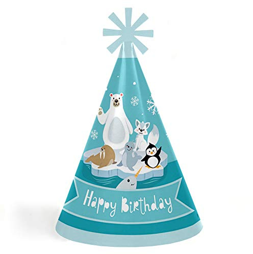 Big Dot of Happiness Arctic Polar Animals - Cone Happy Birthday Party Hats for Kids and Adults - Set of 8 (Standard Size)