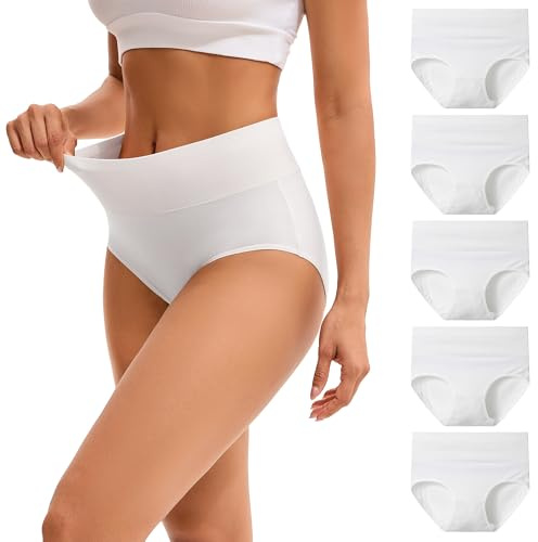 INNERSY Damen Unterhosen Weiß High Waist Slip Baumwoll Unterwäsche Sommer Hipster Panties 5 Pack (L, Milchiges Weiß)