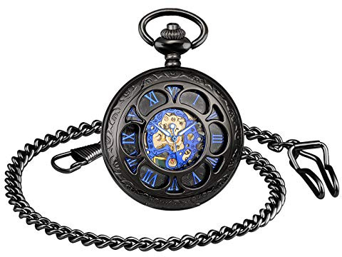 MICGIGI Hombre/Mujer Reloj de bolsillo mecánico de cuerda manual retro molino de viento reloj de bolsillo con cadena (negro)