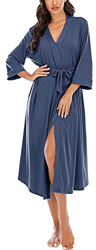 MAGIC ARMOR Peignoir Long en Tricot pour Femmes - Vêtement de Nuit Doux et Léger avec Poches et Ceinture Réglable Bleu Marine L
