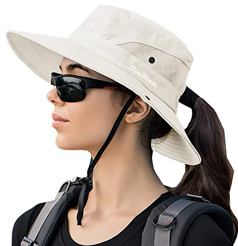 KorhLeoh Cappello da Sole per Donna Protezione UV Cappello da Pesca a Tesa Larga Cappello Estivo da Spiaggia a Coda di Cavallo Safari Booney Bucket Hat (56-58cm, Beige)