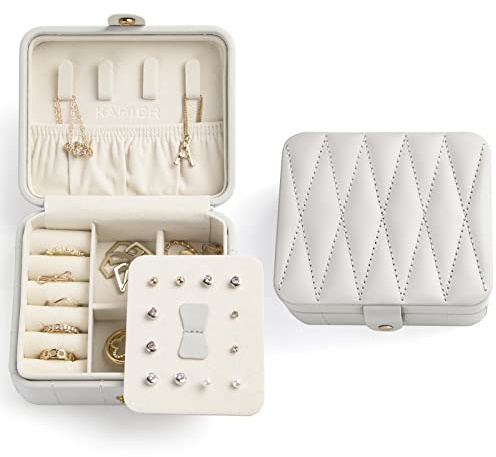 KAMIER Kleine Schmuckkästchen, Reise schmuckaufbewahrung für Damen, Schmuckschatulle Diamant Leder Schmuckbox, jewelry organize rfür Ringe,Halskette, Ohrringe, Armbänder, Geschenk, Grau