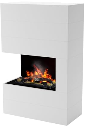 GLOW FIRE Tucholsky Left Corner Elektrokamin mit Knistereffekt|Opti Myst Cassette 600 mit Holzdeck|3D Wasserdampf Kamin, Elektrischer Kamin mit Fernbedienung, Regelbarer Flammeneffekt, Weiß