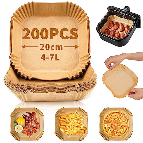 Carta Forno per Friggitrice ad Aria 200 Pezzi, 20cm Carta per Friggitrice ad Aria Piazza Antiaderente Usa e Getta, Carta da Forno per Friggitrice ad Aria Impermeabile e Resistente all'olio(Natura)