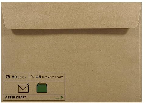 Netuno 50 Kraftpapper Kuvert DIN C5 162 x 229 mm 100 g Aster Kraft Stora Självhäftande för Inbjudningskort Eleganta Återvinning Naturpapper Brevkuvert Brun