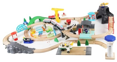 Bandits & Angels Holzeisenbahn-Set Transportthema 100 Teile ab 3 Jahren für Jungen und Mädchen – Holzeisenbahn-Set inklusive Zubehör – 100 Teile – Holzeisenbahn mit Zug, Kran, Flugzeug, Hubschrauber