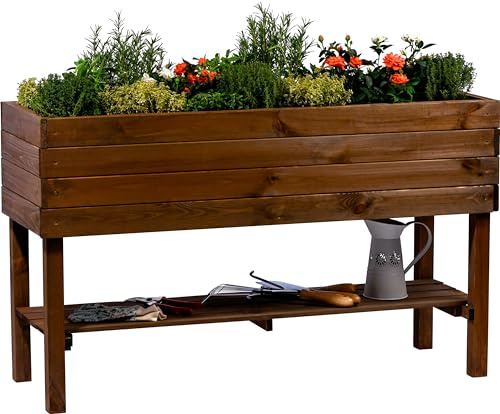 dobar® Stor upphöjd säng med förvaringsyta | planteringslåda inkl. växtfolie | 117 x 40 x 70,5 cm | tall | brun