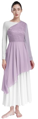 inlzdz Vestido De Danza Cristiana para Mujer Vestiso Manga Larga con Tul Irregular Disfraz De Danza Cristiana Traje De Fiesta Baile Flamenco Alabanza Púrpura Claro S