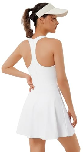 Bezioner Golf Dresses for Women Tennis Dress with Built in Shorts and Bra Sleeveless Pickleball Outfits Zipper Racerback Workout Dress White M