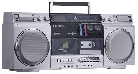 aiwa Retro Boombox lettore CD con registrazione a cassetta, Bluetooth 5.0, radio FM/AM, ingressi USB/SD/AUX, VU Meter, display LCD, doppio altoparlante da 40 W, argento