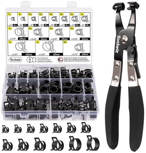 Toolwiz 120Pcs 6-25mm Spring Hose Clamps with Swivel Hose Clamp Pliers, 15 Sizes Hose Clamp Assortment Spring Band Type Fuel Line Vacuum Hose Silicone Hose Clamps, Water Pipe Air Tube Hose Clips