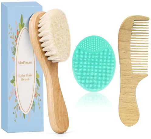 MolYuan Lot de 3 brosses à cheveux et peignes pour bébé, poils de chèvre et brosse à cheveux en silicone bleu pour berceau (Vert Brosse en silicone)