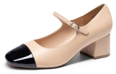 DREAM PAIRS Mary Jane Shoes, scarpe da donna, con tacco basso e chiuso, con punta spessa, Nude/Nero, 38 EU