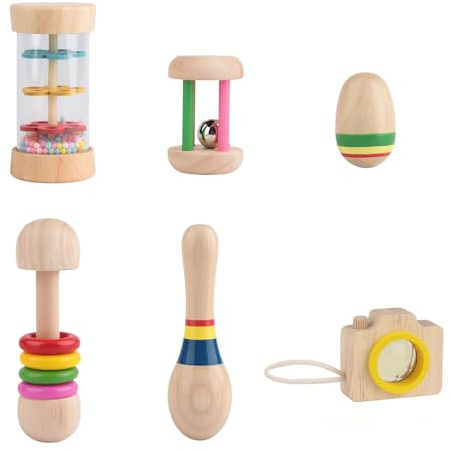 6pcs Baby Wooden Rattle Set - Montessori Sensory Toys for Babies, Wooden Baby Musical Toys, Baby Toy 6 to 12 Months, Rattle Maracas, Children's Early Education Educational Toy, Babies Presents