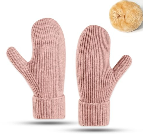 Bototack Winter Mittens for Women Men Warm Fleece Lining Stretchy Knit Thermal Snow Gloves for Cold Weather Gifts (Pink)