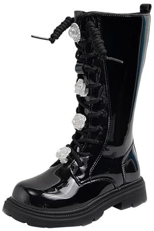Botas de invierno para niñas 2026, de manga alta, accesorios de flores de camelia, versátiles, cremallera lateral, piel, Black, 13 UK Child