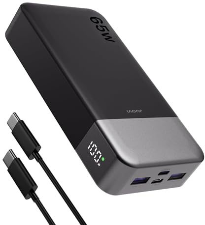 JUOVI Batterie Externe 65W 20000mAh Power Bank USB C in&Out Chargeur Portable Charge Rapide Compatible avec MacBook iPhone 17 16 15 14 Galaxy S24 Smartphone Ordinateur Portable Tablette
