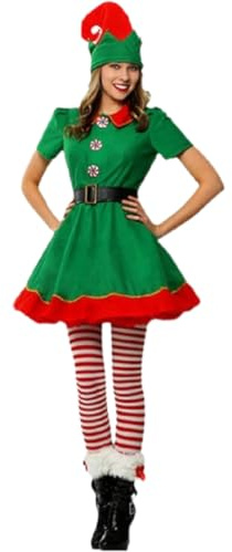 Generico Costume Elfo Donna per donna, Abito con cintura, calze e cappello, Elfi di Natale, Elfi per Natale, cerimonie, feste, Carnevale