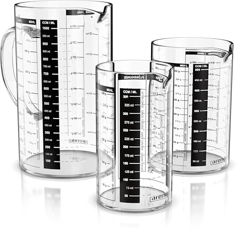 Arendo - Messbecher aus Glas – Set 1000ml 500ml 350ml (0,35l 0,5l 1l) - stapelbar – Borosilikatglas – Ausguss – 1000 ml mit Henkel – Mikrowellen-geeignet