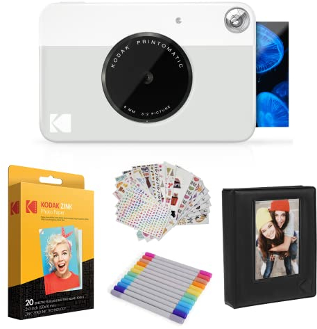 KODAK Printomatic Instant Camera (Grey) Gift Bundle + Zink Paper (20 Sheets) + Case + 7 Sticker Sets + Markers + Photo Album