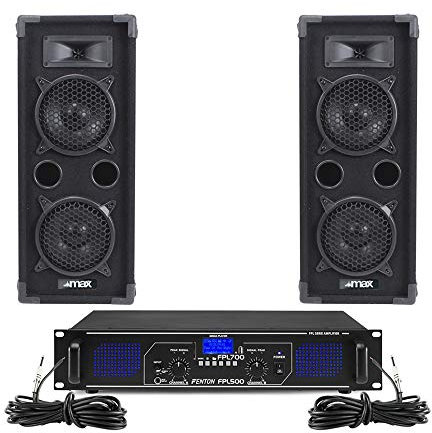 Max Dual 6 Passive DJ Speakers & Fenton FPL700 Bluetooth Amplifier Kit Complete Home Party Sound System with Dual Woofers, LED Front Panel, MP3 Media Player & Speaker Cables Included