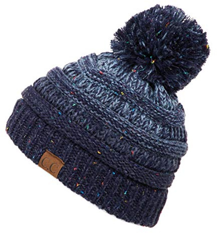 C.C Unisex Ribbed Confetti Knit Ombre Pom Beanie Hat for Women Men (YJ-817-POM) (Navy Pom)