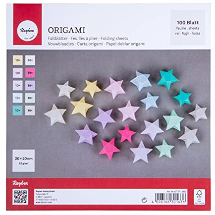 Rayher carta origami, 100 fogli assortiti in 10 colori pastello, 20x20cm, 80g/m2, per bambini ed adulti, lavorazioni con carta, bricolage, 67371685