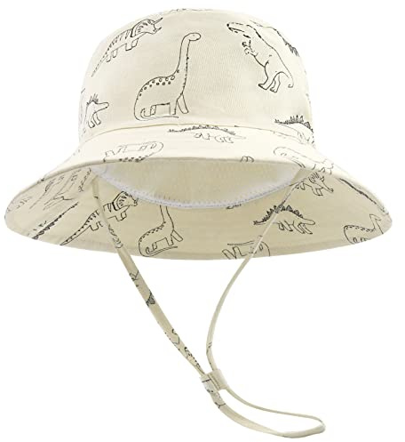 SEYUFN Bob Chapeau de Soleil Bébé Garçon Chapeaux de Seau à Bord Large Bébé Fille Chapeau de Coton Réglable UV Protection Chapeaux d'été pour Enfants (6-12 Mois, Beige Dinosaure)