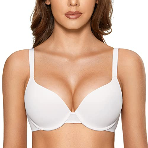 DOBREVA Women's Push Up Bra Underwire Padded T Shirt Bras Full Coverage Plunge Bras White 38D