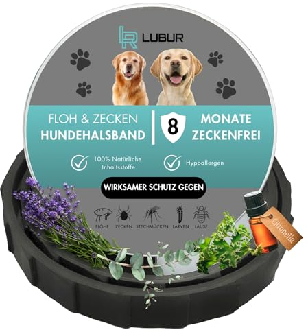 Lubur® Floh- und Zeckenhalsband für Hunde und Katzen - Natürlicher & effektiver Wirkstoff - bis zu 8 Monate wirksamer Schutz gegen Zecken und Flöhe (Grau, Hunde)