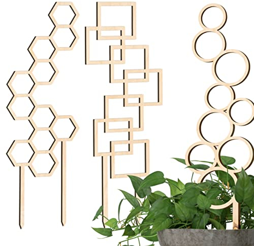 Decorify Rankhilfe Zimmerpflanzen 3 Stück - Rankgitter Holz - Pflanzenstütze 6mm - Rankhilfen für Kletterpflanzen - Pflanzengitter für Topfpflanzen - 39/39/40,5cm - Bubble/Hexagon/Frame - Natur
