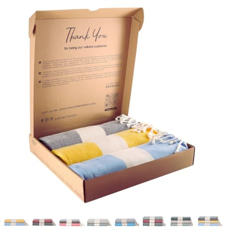 Tadussi ® Saunahandtuch Strandtuch Fouta XXL [3er Set] Ideal als Hamamtuch Picknickdecke für Damen & Herren - Groß 100x200-100% Baumwolle - Grau, Mustard Gelb & Hellblau