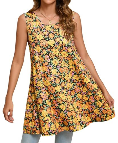 Enmain Vest Tops for Women UK Ladies Sleeveless Tunics Yellow Flower Long Summer Tank Tops for Leggings Loose Casual Blouses Round Neck XL