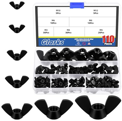 Glarks 110Pcs 7 Sizes Black Wing Nuts Assortment Kit, M3, M4, M5, M6, M8, M10, M12, High Strength Nylon Butterfly Nuts, Wing Bolt Fasteners, Hand Twist Tighten Ear Wing Nuts