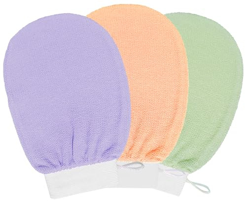 Pack of 3 Exfoliating Gloves, Body Shower Gloves, Massage Exfoliating Gloves for Body and Face - Green, Purple, Orange
