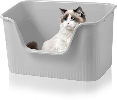 Duscdesp Katzenklo Offen Groß 44x38x22cm, Katzentoilette Hoher Rand Ohne Deckel Katzen Klo Cat Litter Box Spritzwassergeschützt für Große Katzen, Kleine Kätzchen Toilet XXL Toilette, Grau