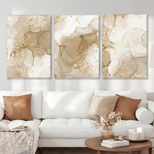 3er Poster Set Beige Gold Leinwand Bilder Abstrakt Kunst Leinwandbilder Moderne Wandbilder Wohnzimmer Deko,Ohne Rahmen (B,30 x 40cm)