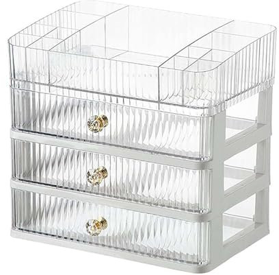 SIOOUI Makeup Organiser with 3 Drawers, Acrylic Stackable Cosmetic Organizer, Skincare Organiser with Removable Tray for Vanity, Desk Organizer for Dresser and Bathroom